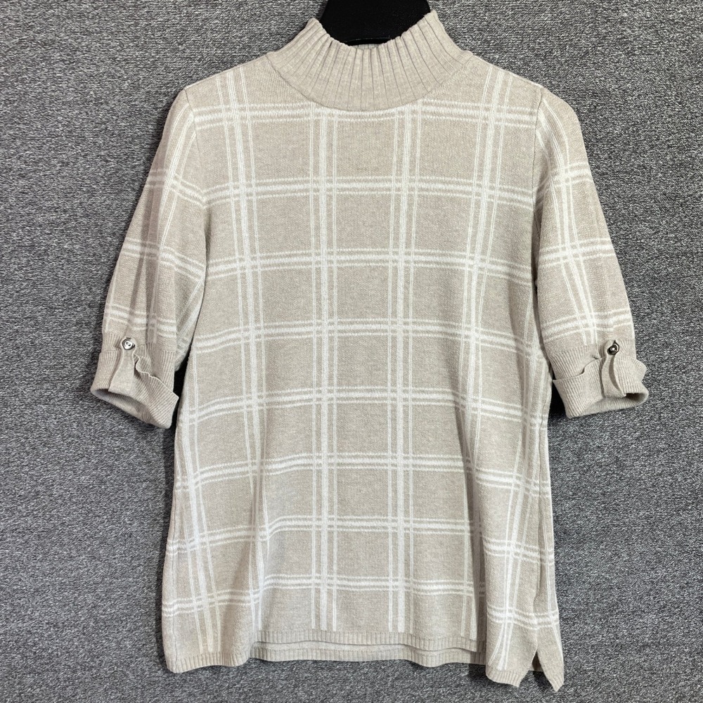 Style & Co Sweater Womens S Tan White Plaid Mock Neck Short Sleeve Button Tab